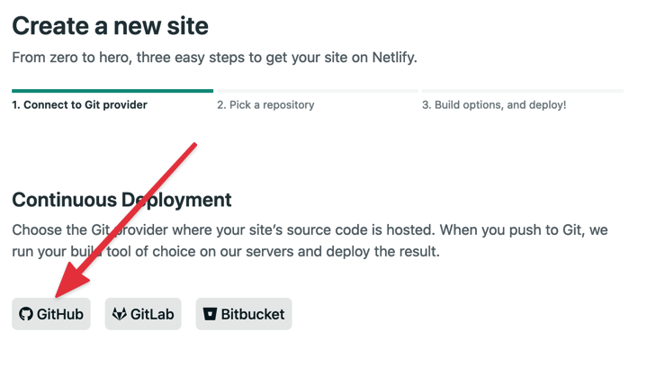 Click on GitHub at Create a new site screen