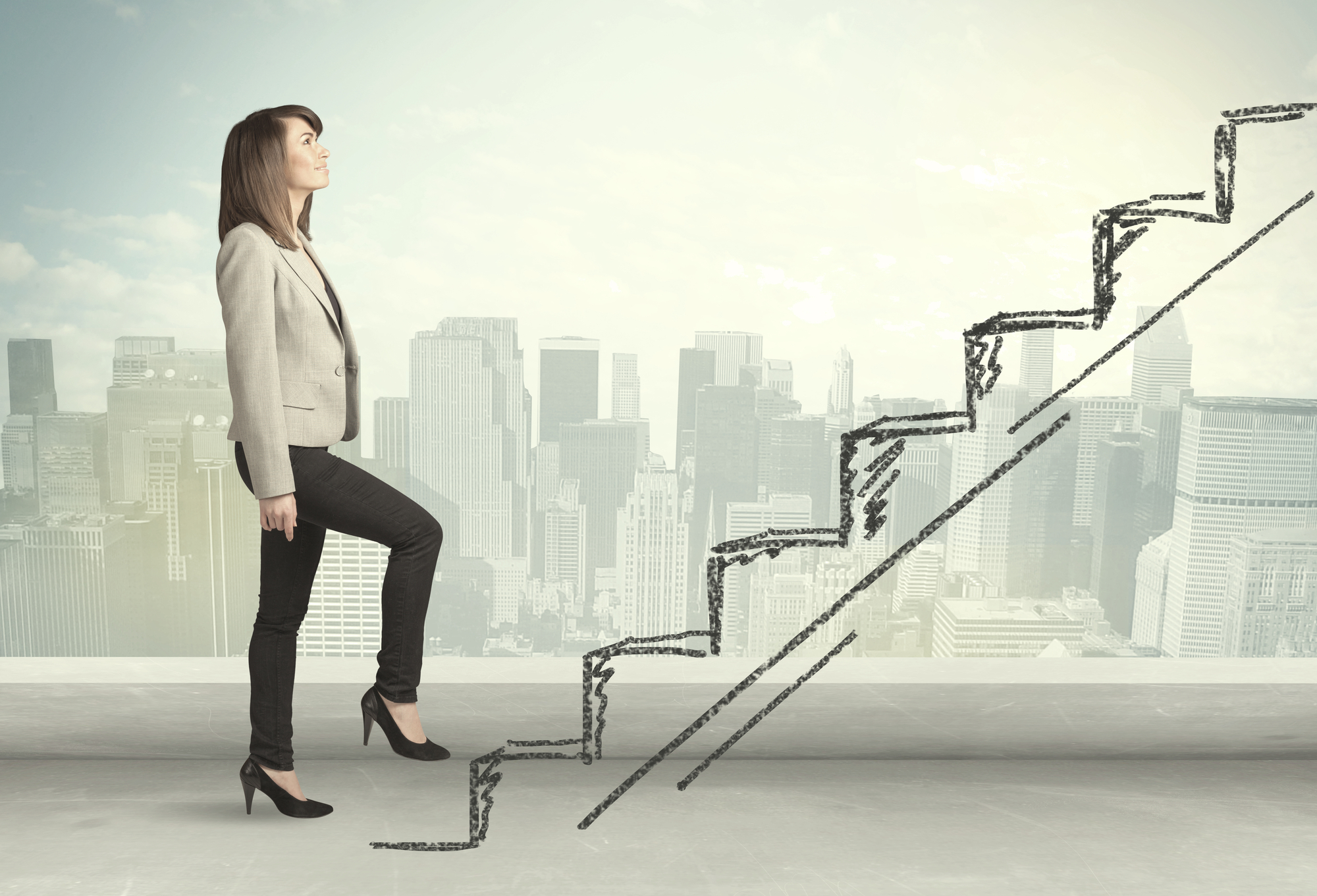 Business woman climbing up on hand drawn staircase