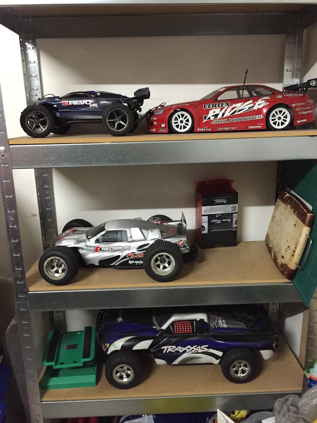 Rack full of R/C cars